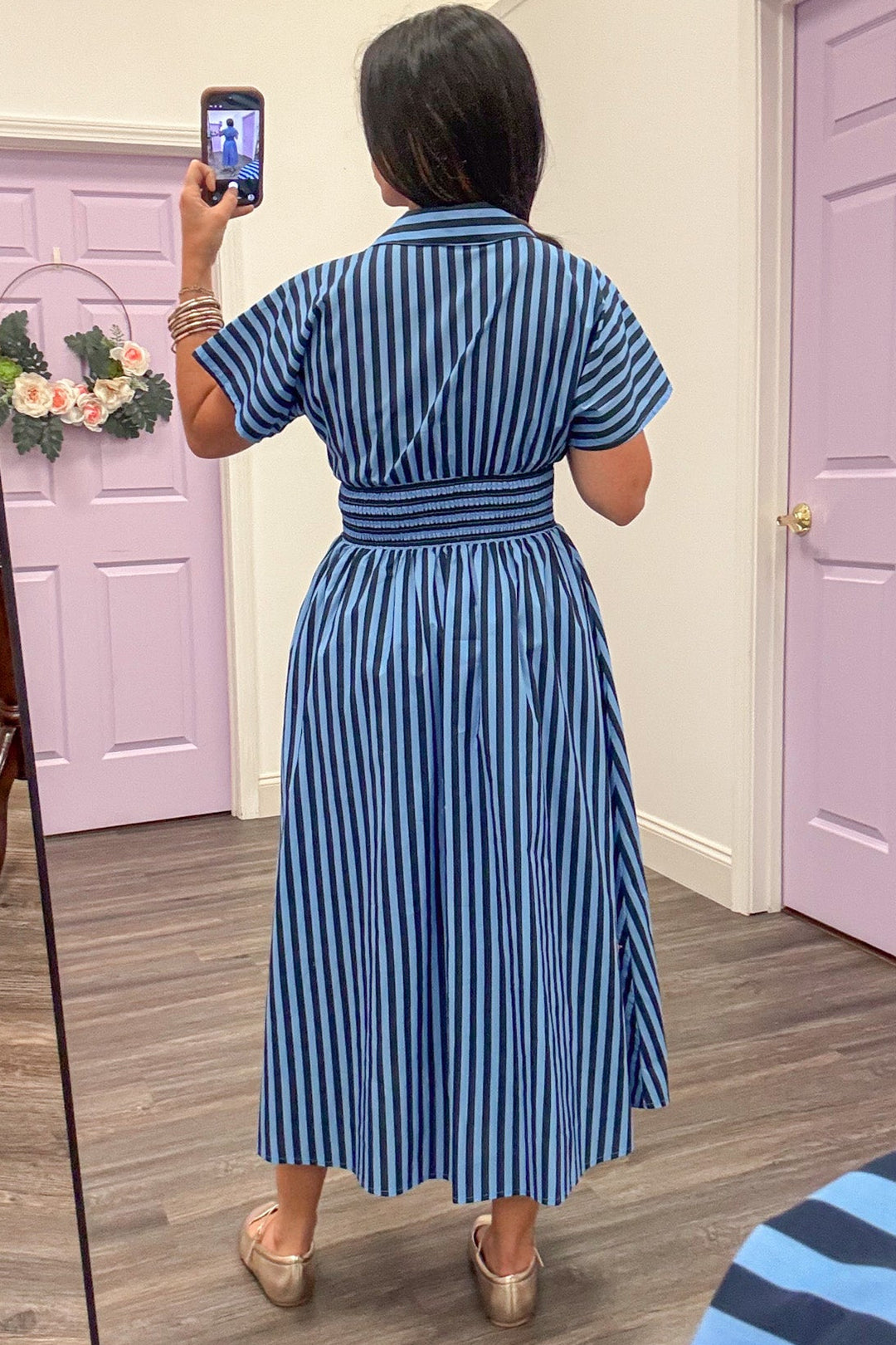blue and navy striped full zipper front closure short sleeve poplin midi dress