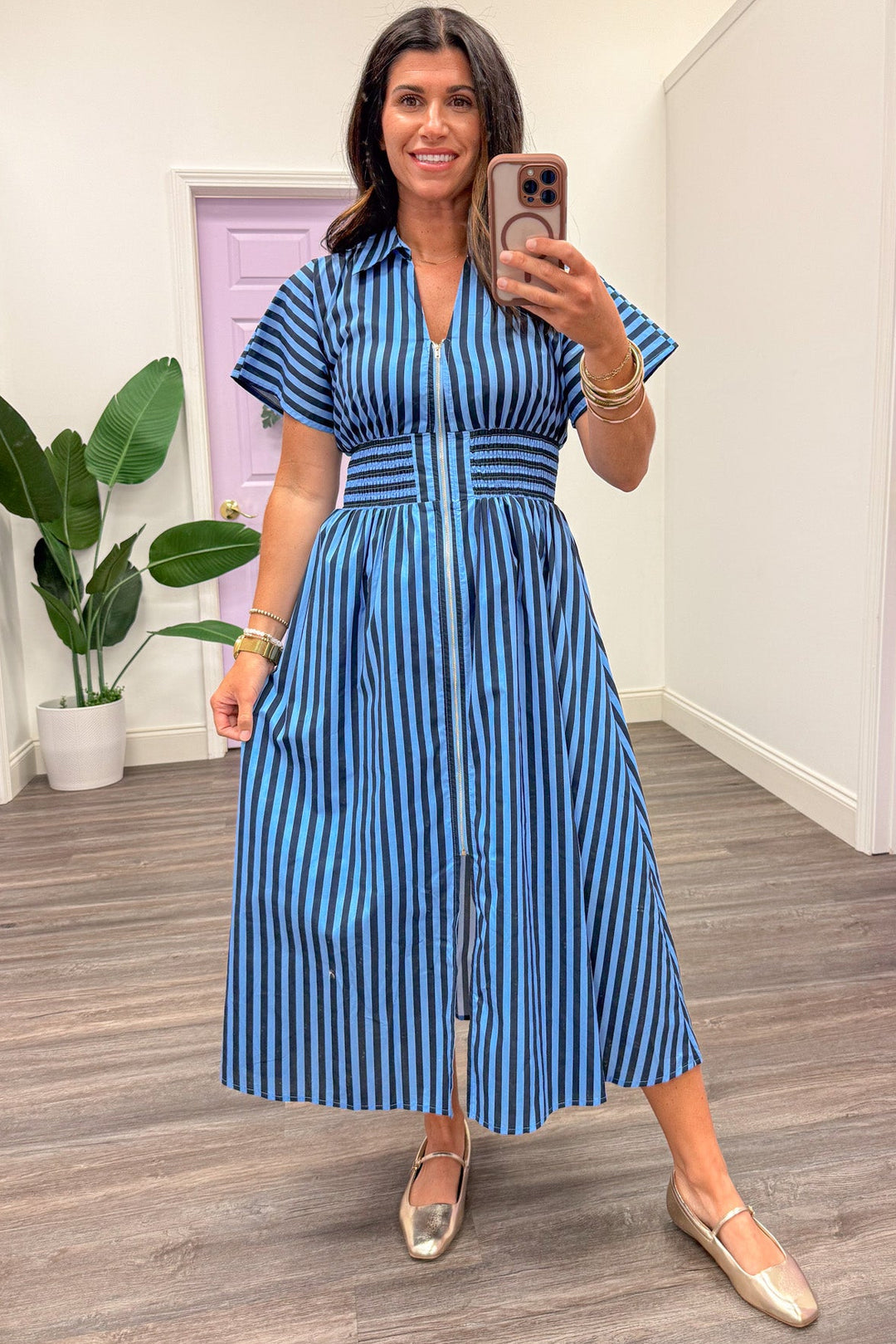 blue and navy striped zipper front closure short sleeve midi dress