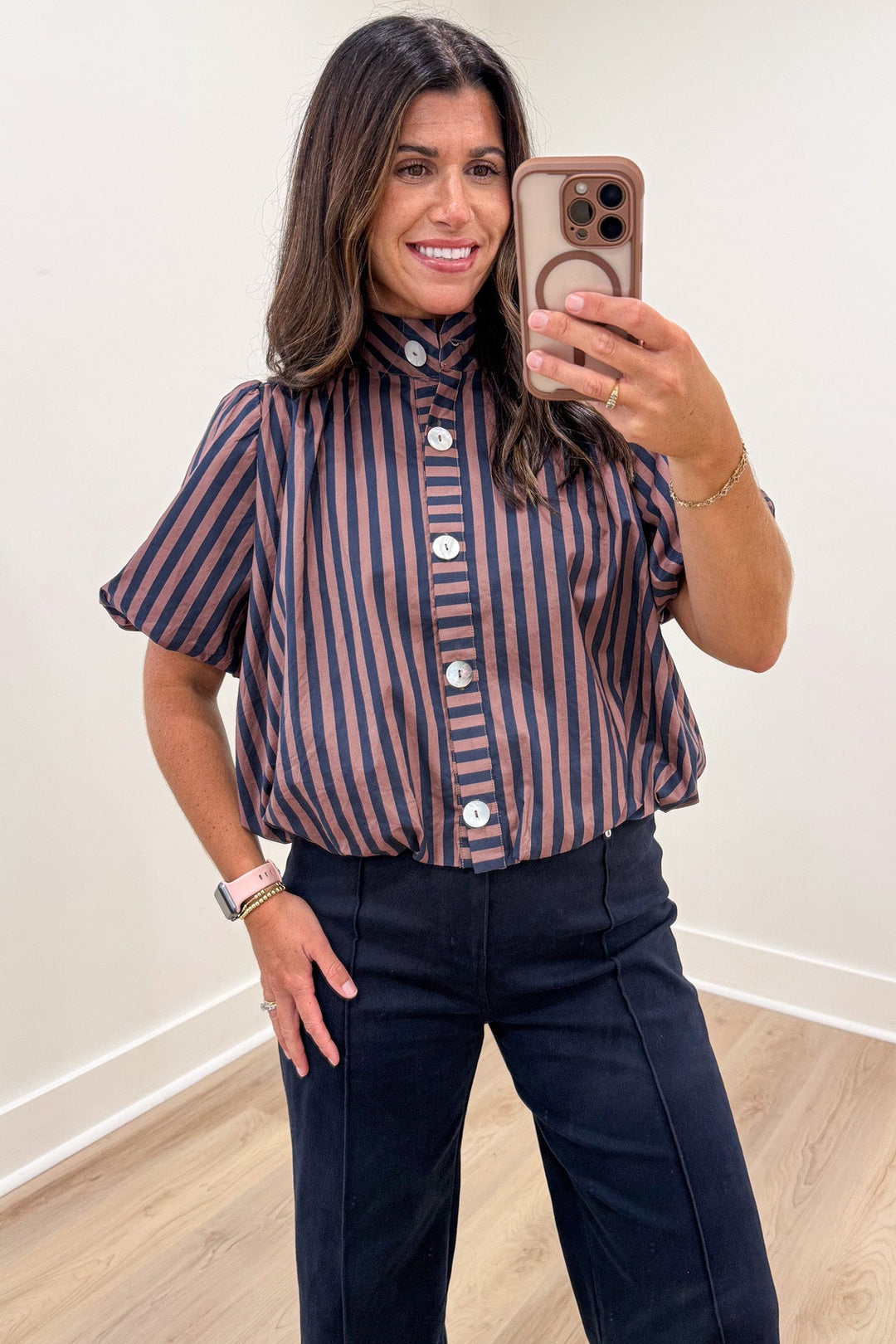 navy blue and brown striped button front bubble hem semi-cropped top