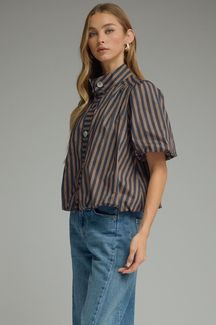 Women's semi-cropped button front navy and brown striped top with bubble hem by Entro