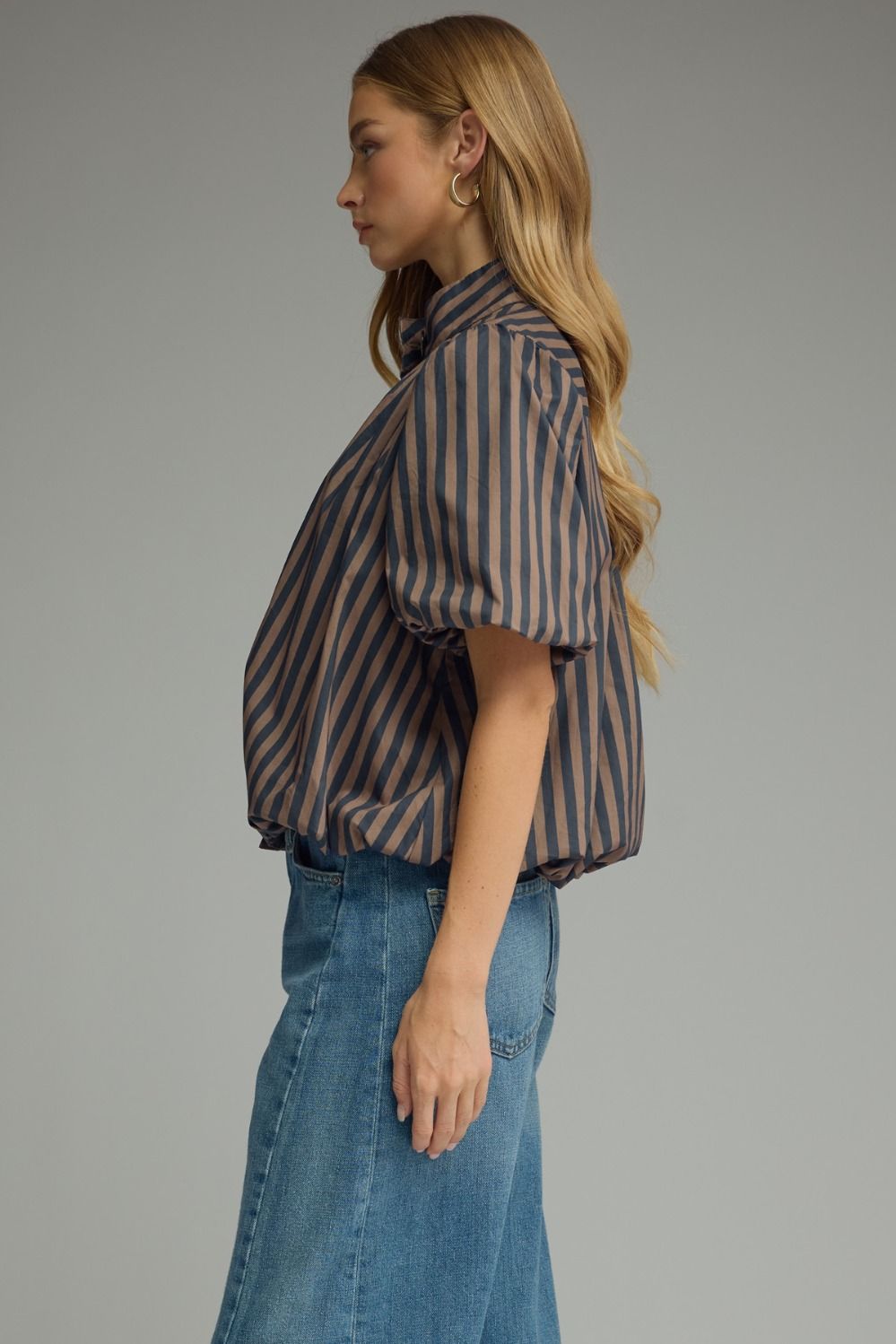 Women's trendy button front navy and brown striped top with puff sleeves and a bubble hem