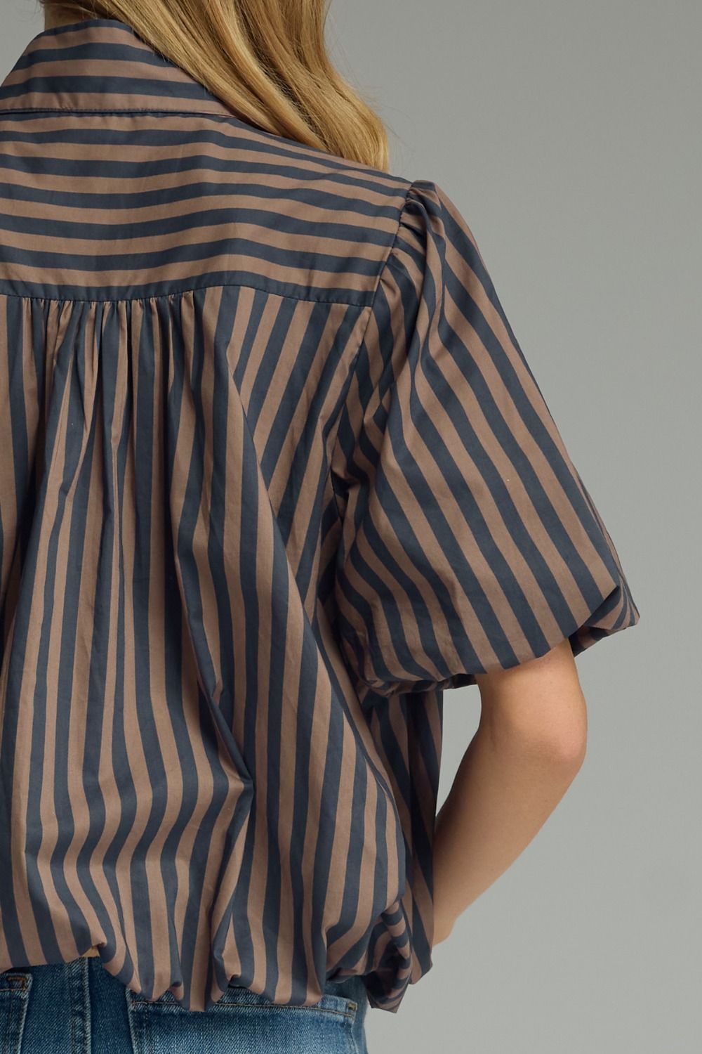 Women's semi-cropped button front navy and brown striped top with short puff sleeves by Entro