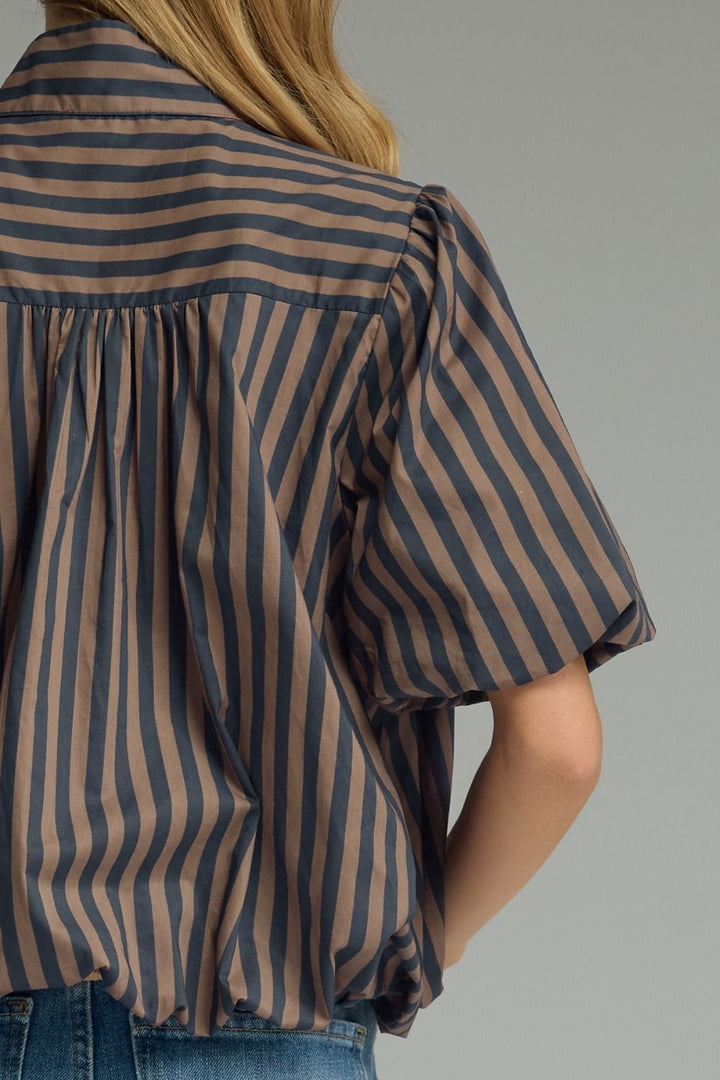 Women's semi-cropped button front navy and brown striped top with short puff sleeves by Entro