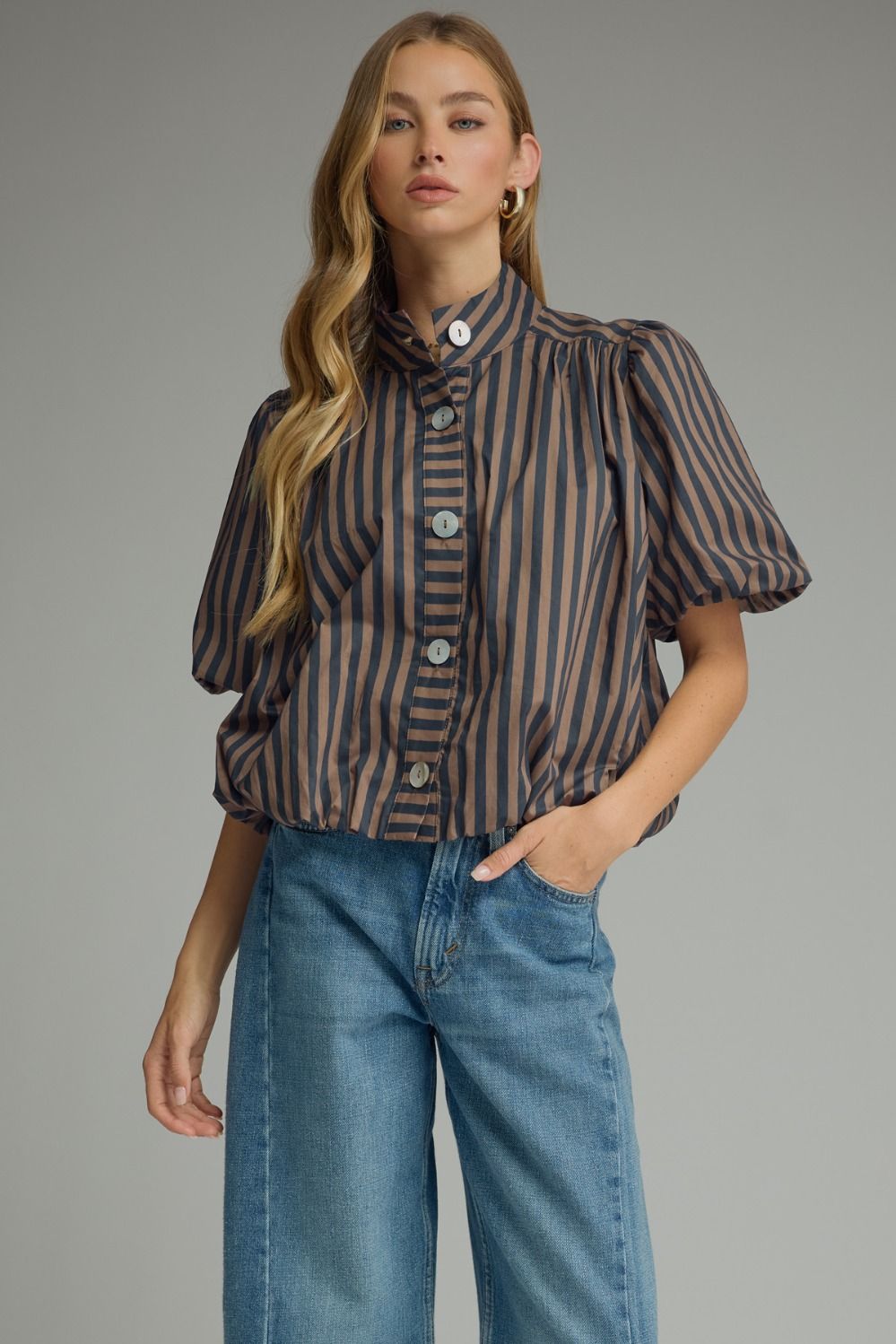 Entro semi-cropped button front navy and brown striped top with bubble hem
