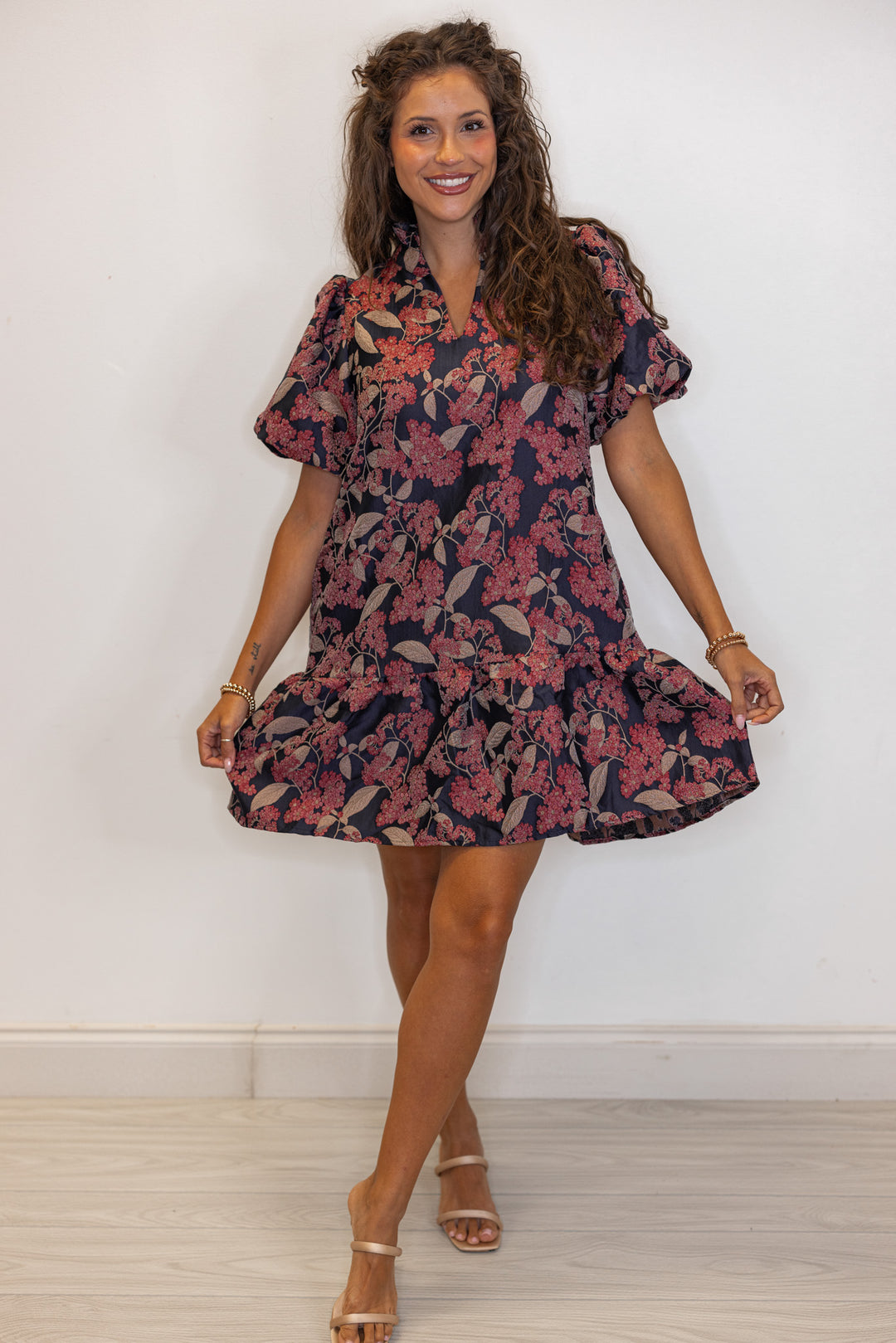 Woman's short sleeve burgundy and black floral dress