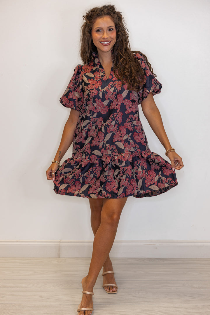 Woman's short sleeve burgundy and black floral dress