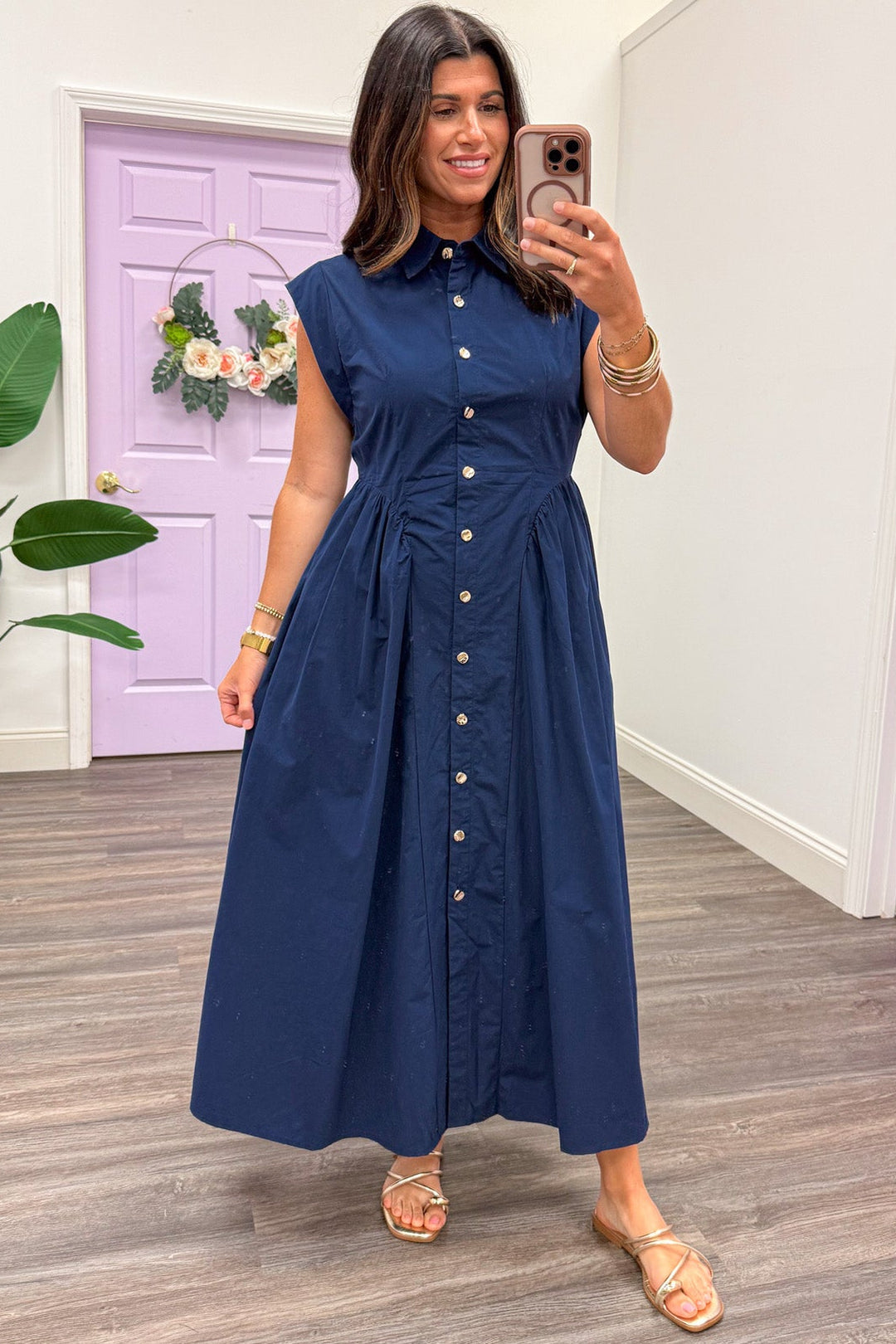 solid navy gold button down short capped sleeve flowy poplin midi dress