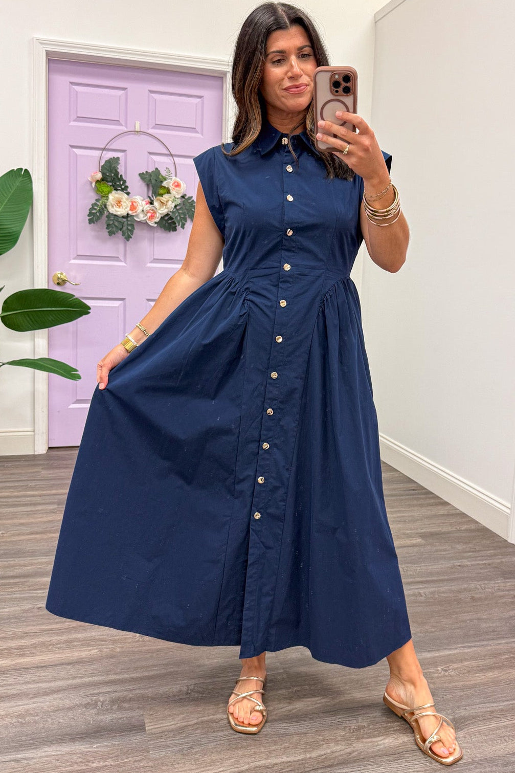 solid navy button down cap sleeve gathered side panels poplin midi dress