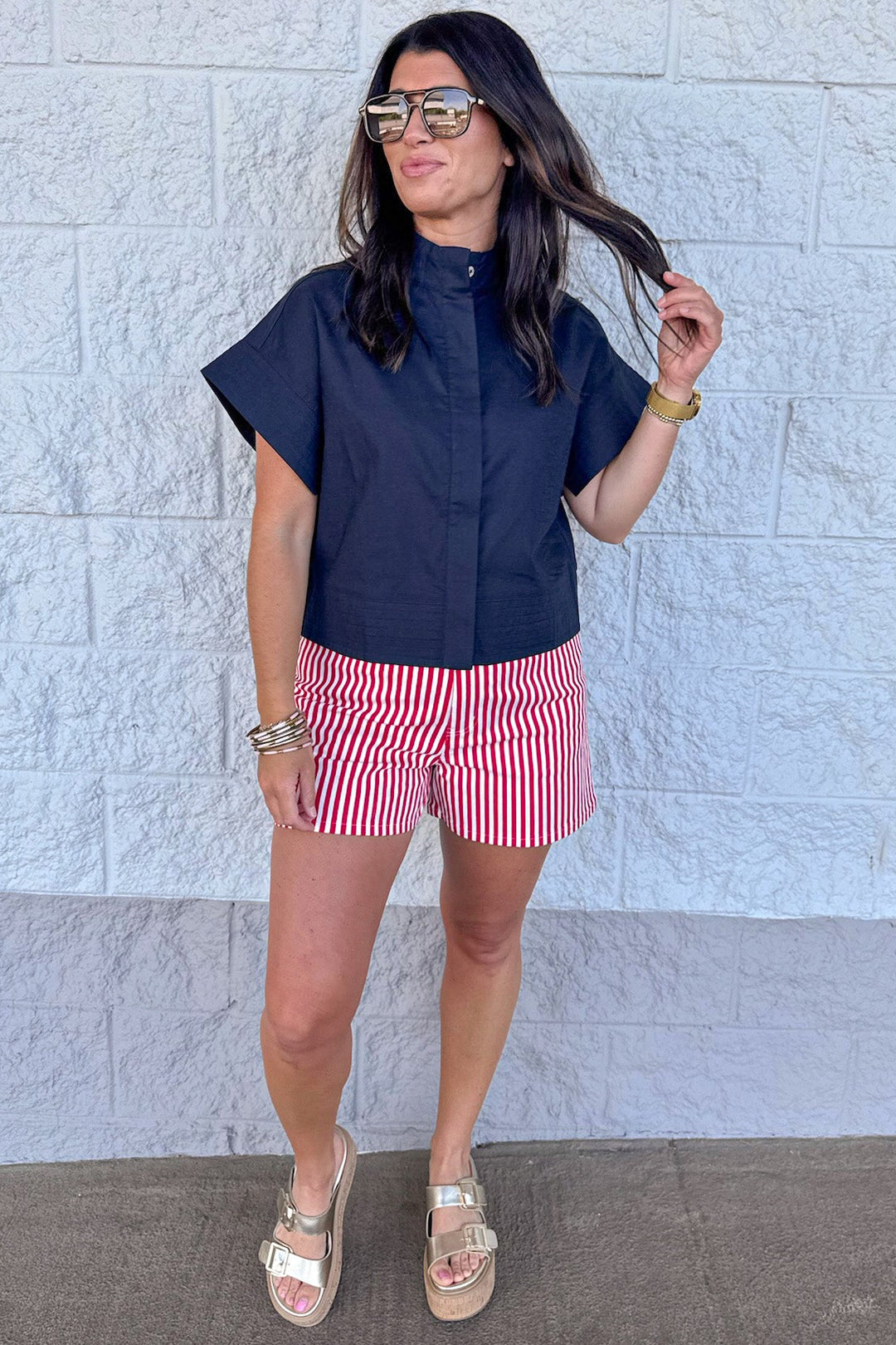 solid navy functional concealed button front cotton linen blend top