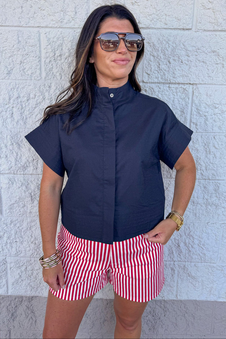 solid navy button down cotton linen blend top