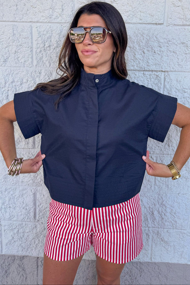 solid navy button down cotton linen blend relaxed silhouette top