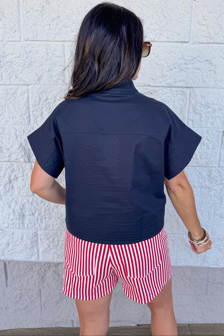solid navy button down cotton linen blend top back view