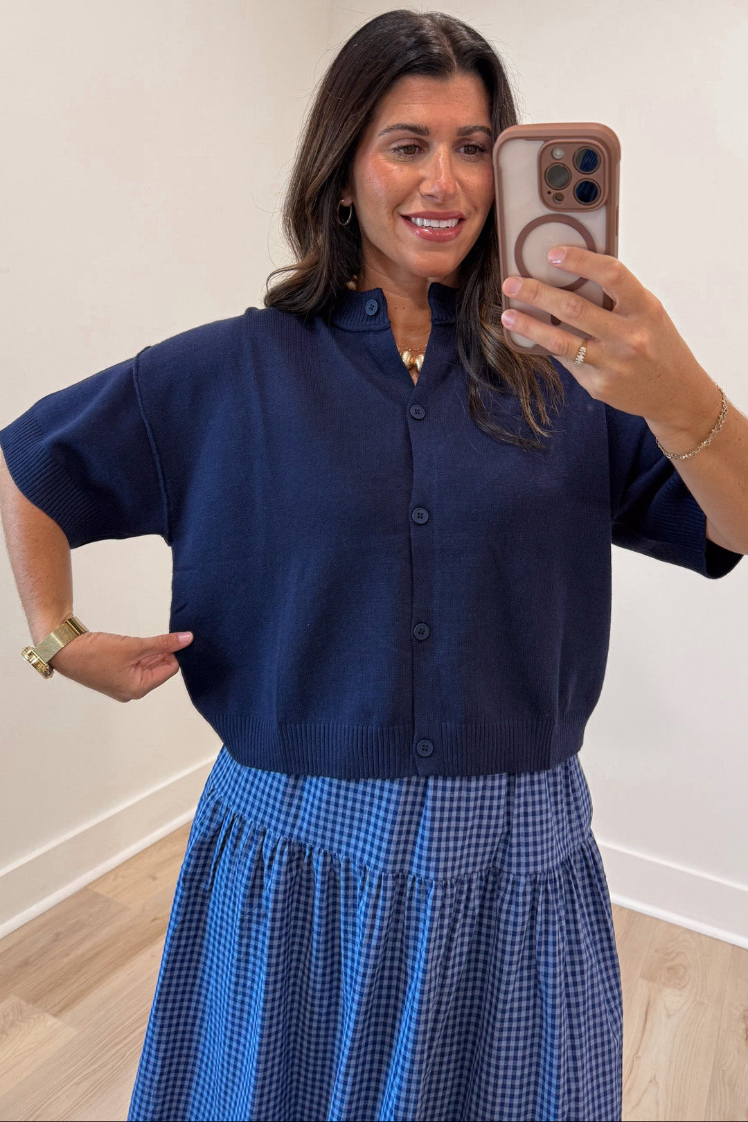 solid navy blue half-length sleeve button front semi-cropped relaxed silhouette knit cardigan top