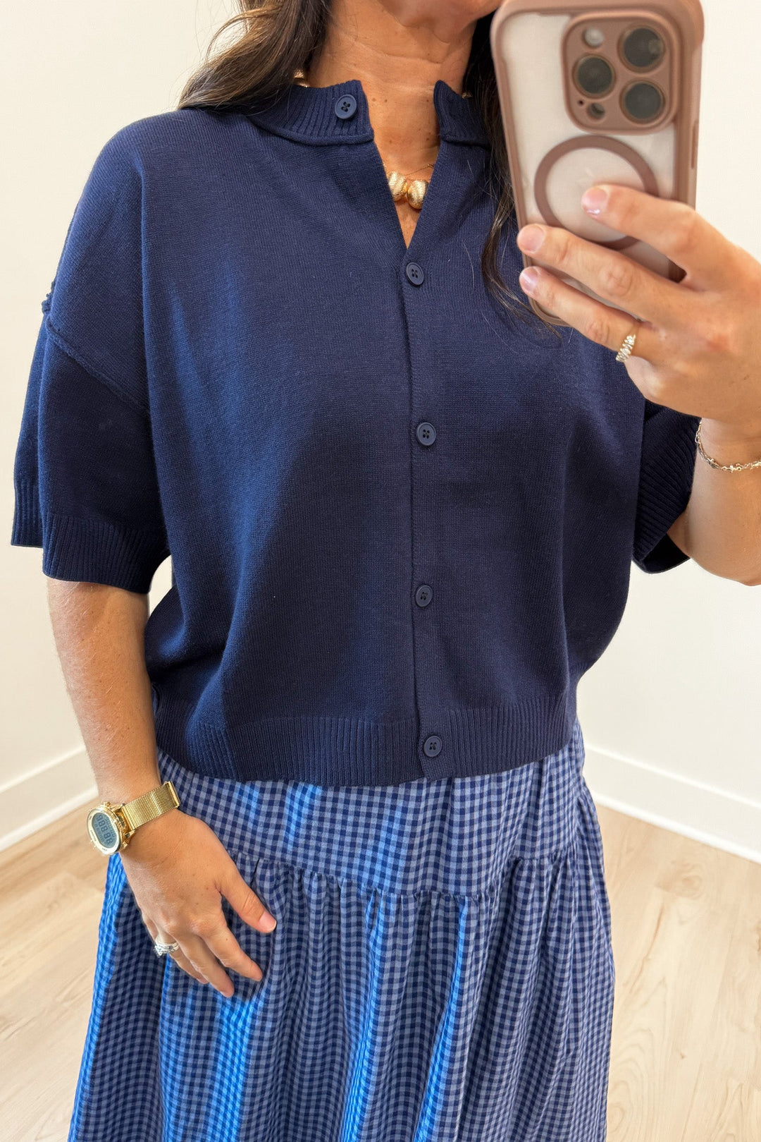 solid navy blue half-length sleeve button front crew neckline semi-cropped knit cardigan top