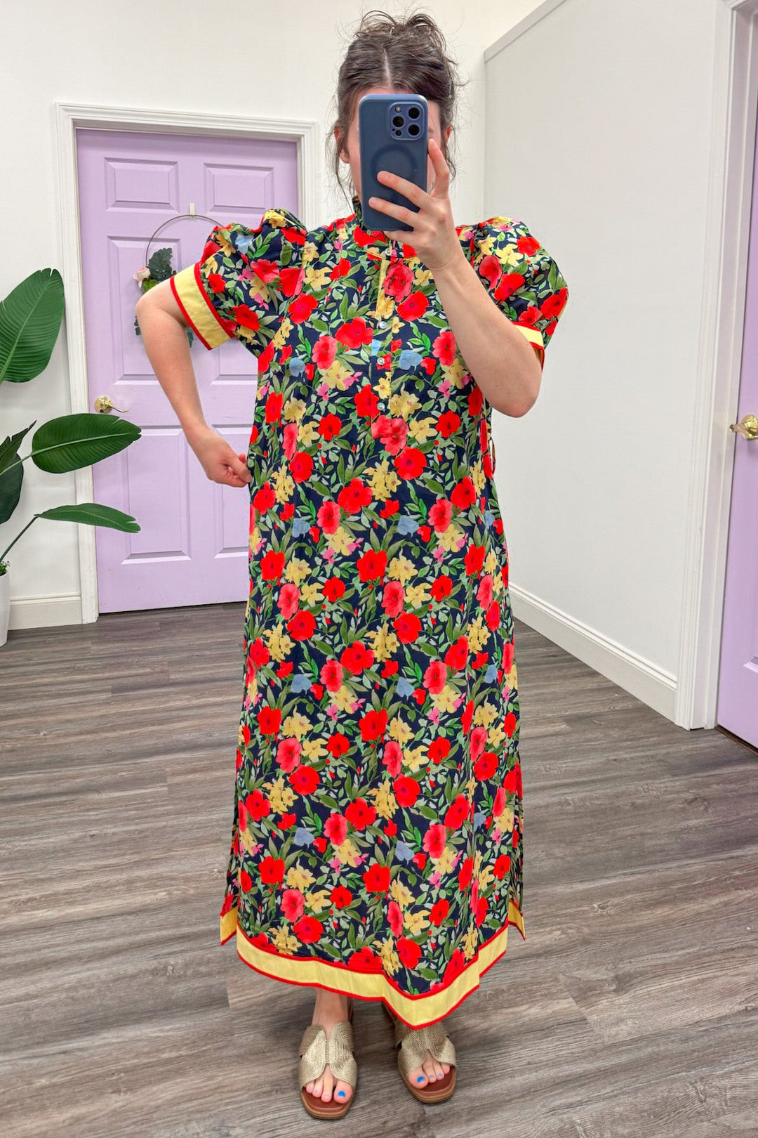 navy coral and yellow floral relaxed silhouette short sleeve midi dress