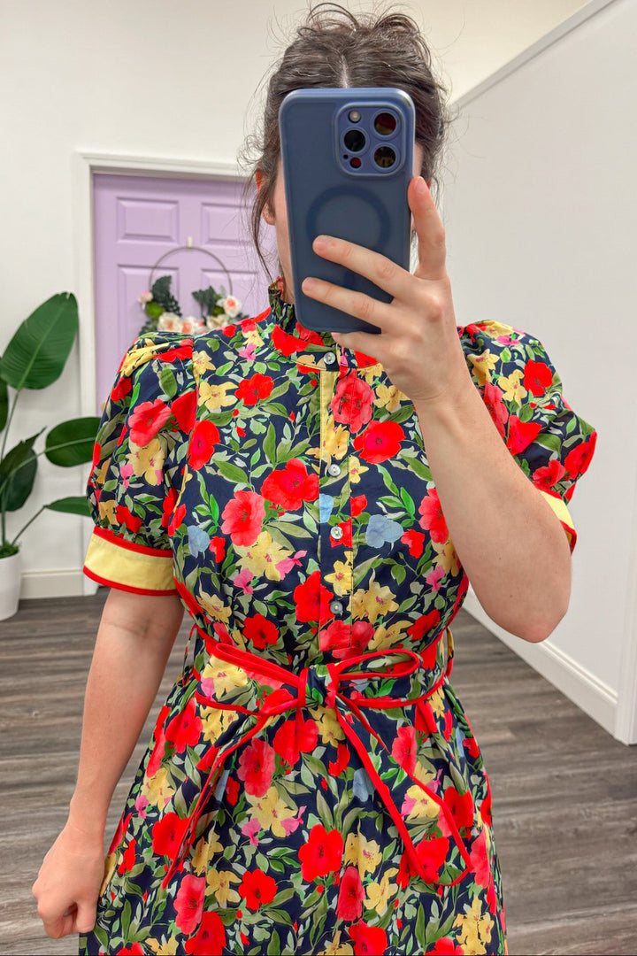 navy coral and yellow floral button front bodice short sleeve midi dress