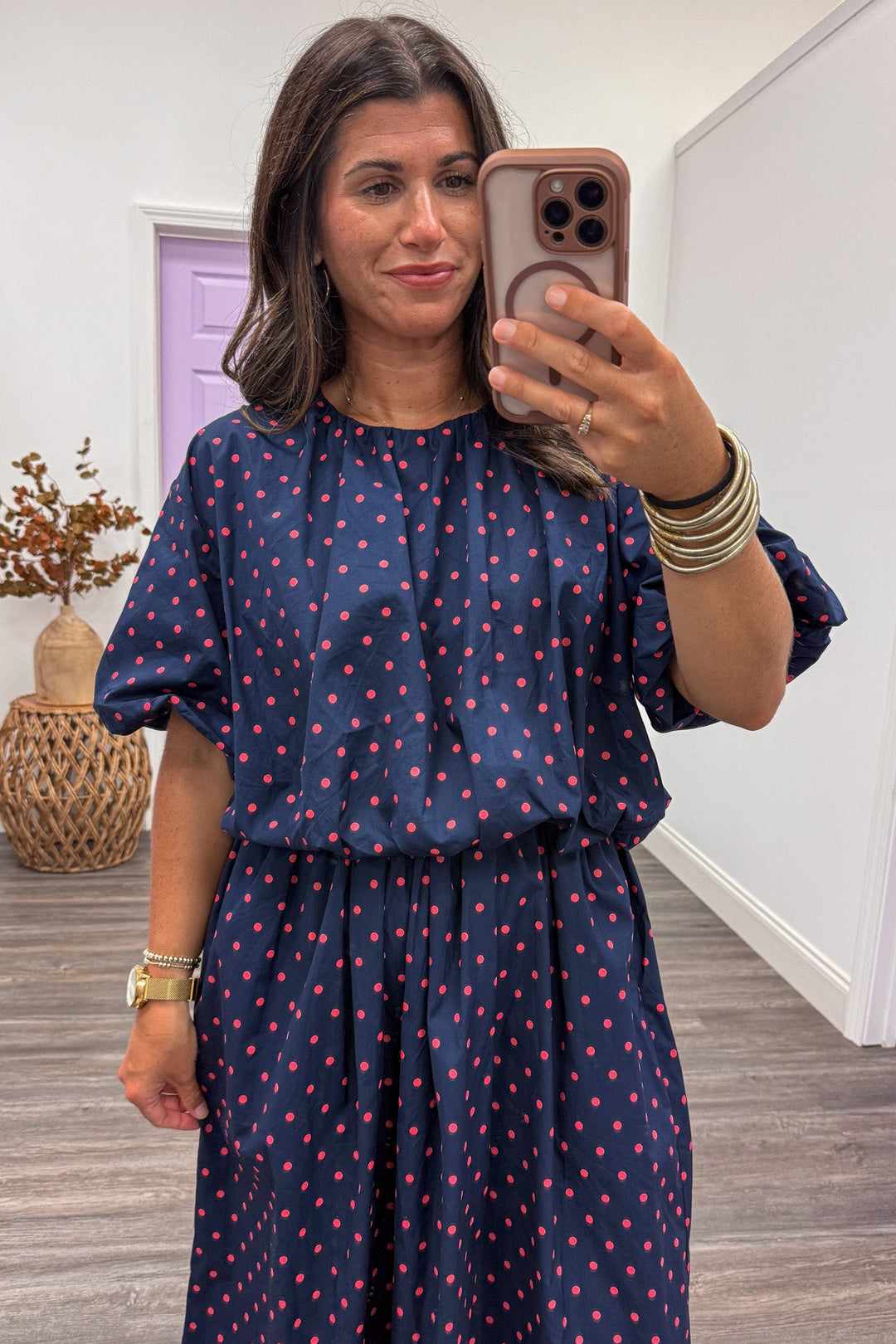 navy blue with coral polka dot print puff sleeve bubble hem cotton top