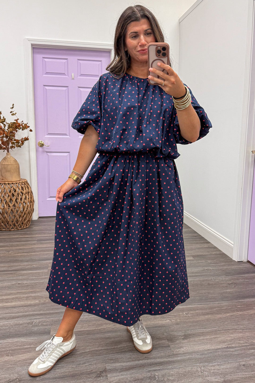 navy blue with coral polka dot print elastic waist flowy silhouette cotton poplin midi skirt