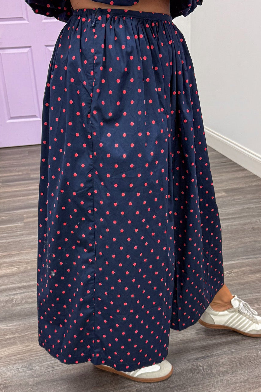 navy blue with coral polka dot print elastic waist cotton poplin midi skirt with side zipper closure
