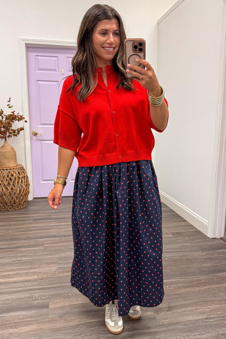 navy blue with coral polka dot print elastic waist cotton poplin midi skirt with pleated details
