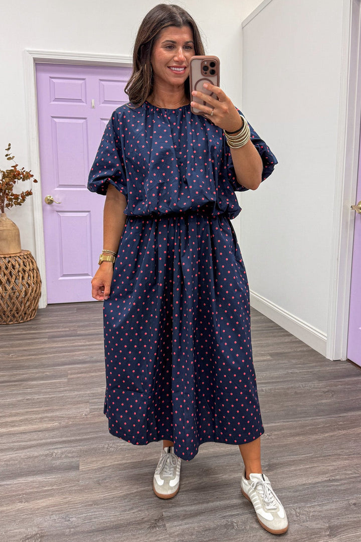 navy blue with coral polka dot print elastic waist cotton poplin midi skirt
