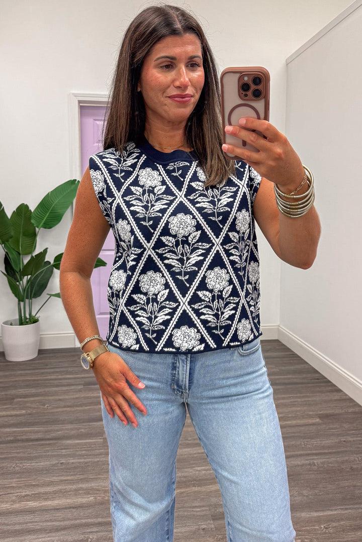 navy with cream diamond floral print crew neckline sleeveless knit top