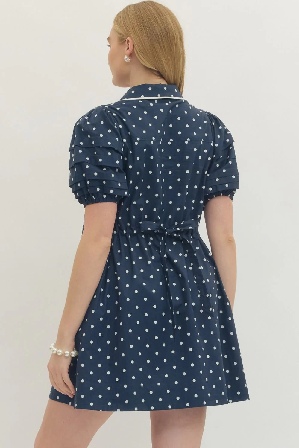 navy and cream dress Entro Navy And Cream Polka Dot Dress With Cinch Waist XL