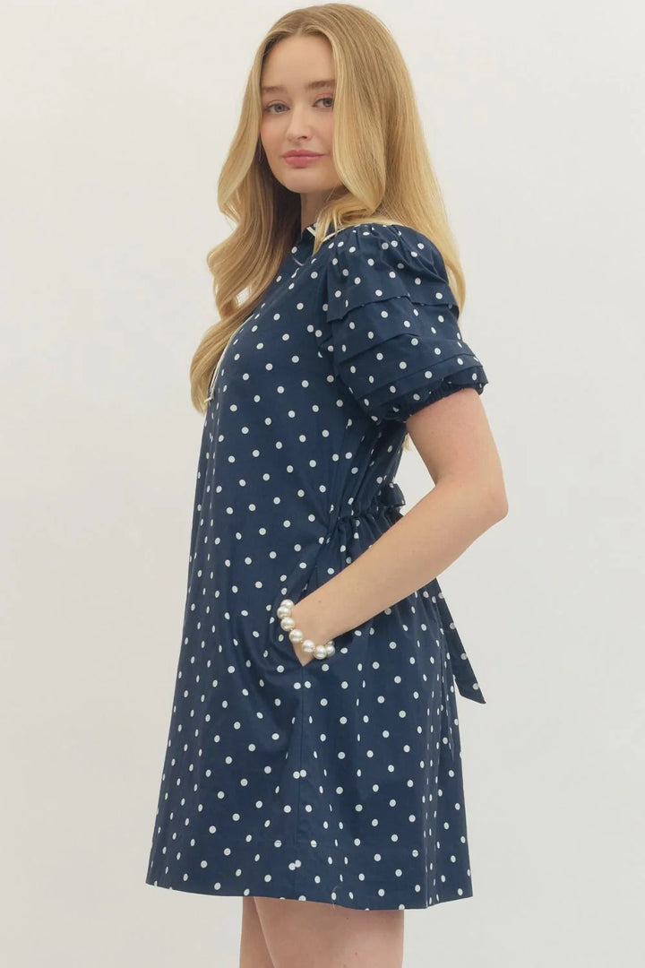 Entro navy dress with cream polka dot print and cinch waist 