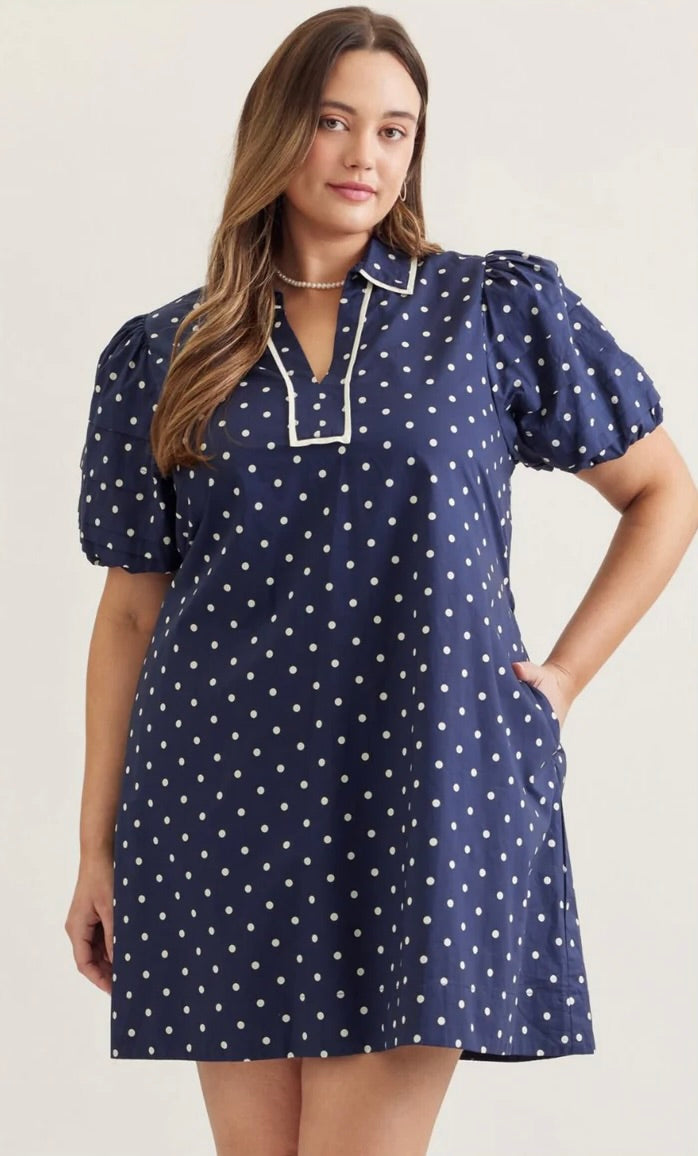 Entro Navy And Cream Polka Dot Dress With Cinch Waist XL Entro Navy And Cream Polka Dot Dress With Cinch Waist XL