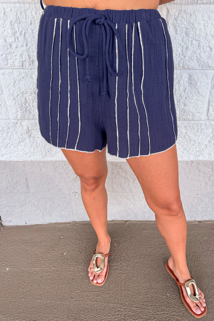 navy blue with cream textured stitch stripes top and elastic waistband shorts matching set
