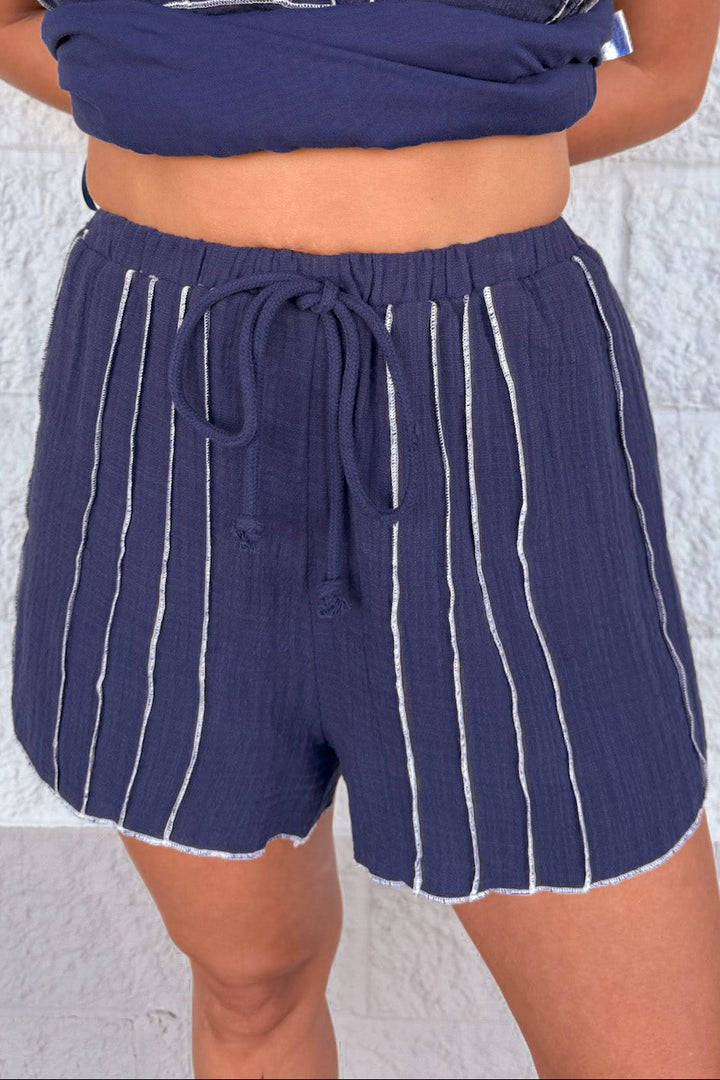 navy blue with cream textured stitch stripes top and drawstring shorts matching set