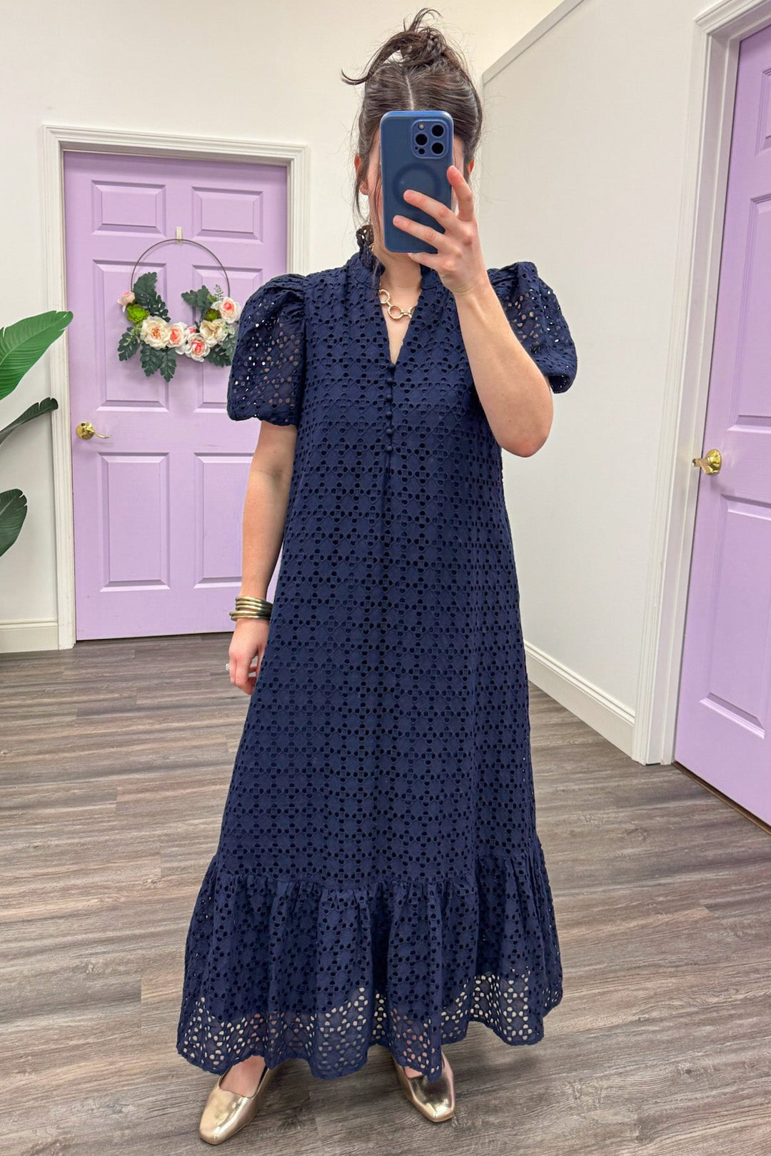 navy blue eyelet dress Women's Navy Blue Eyelet Maxi Dress XL