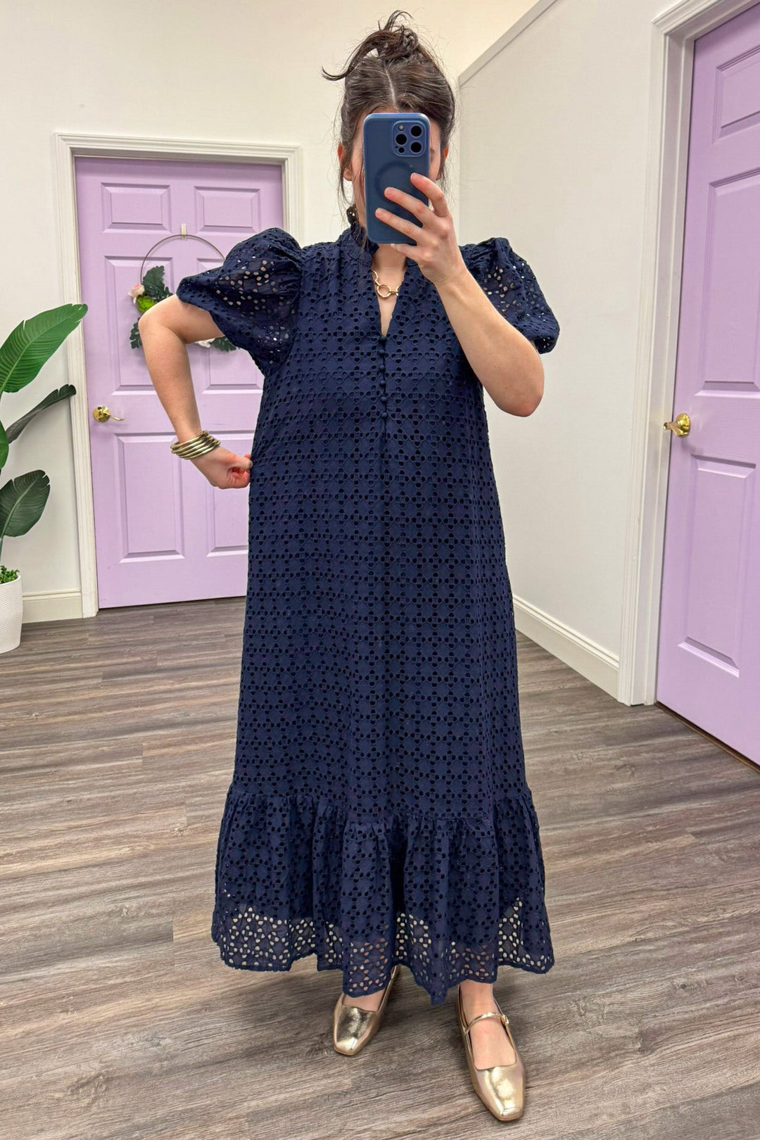 navy blue embroidered eyelet detail puff sleeve maxi dress