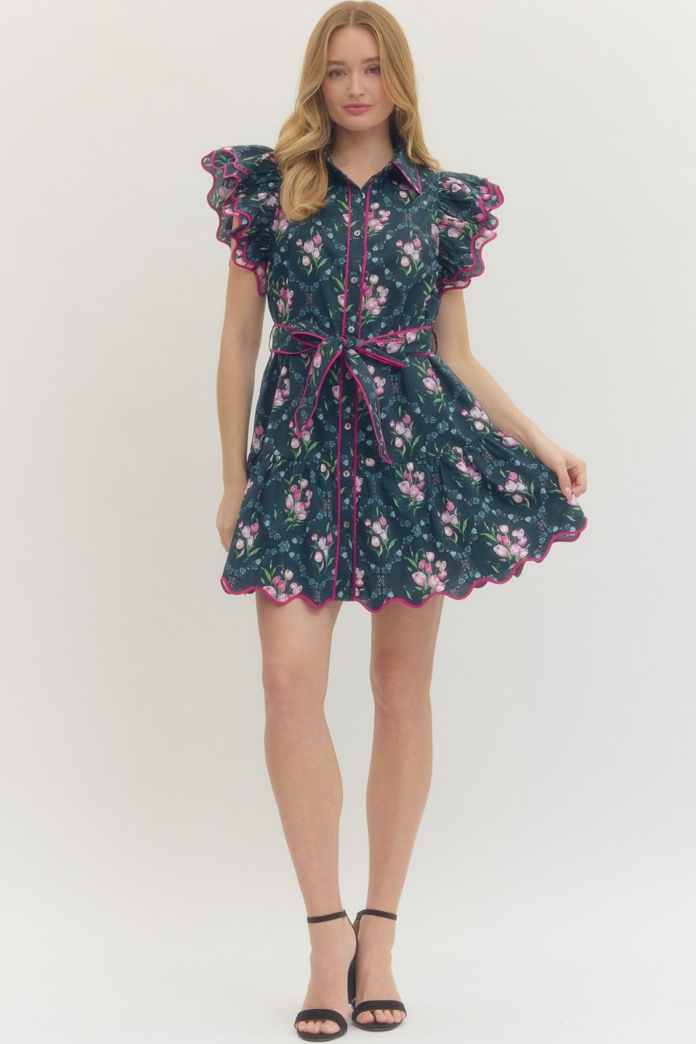 Women's navy button down dress with pink florals and hot pink scalloped trim by Entro showing full front view