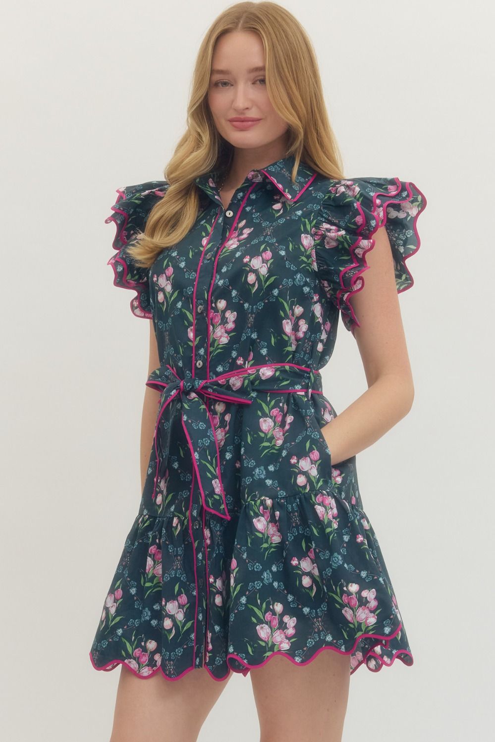Women's navy button down dress with pink florals and hot pink scalloped trim by Entro