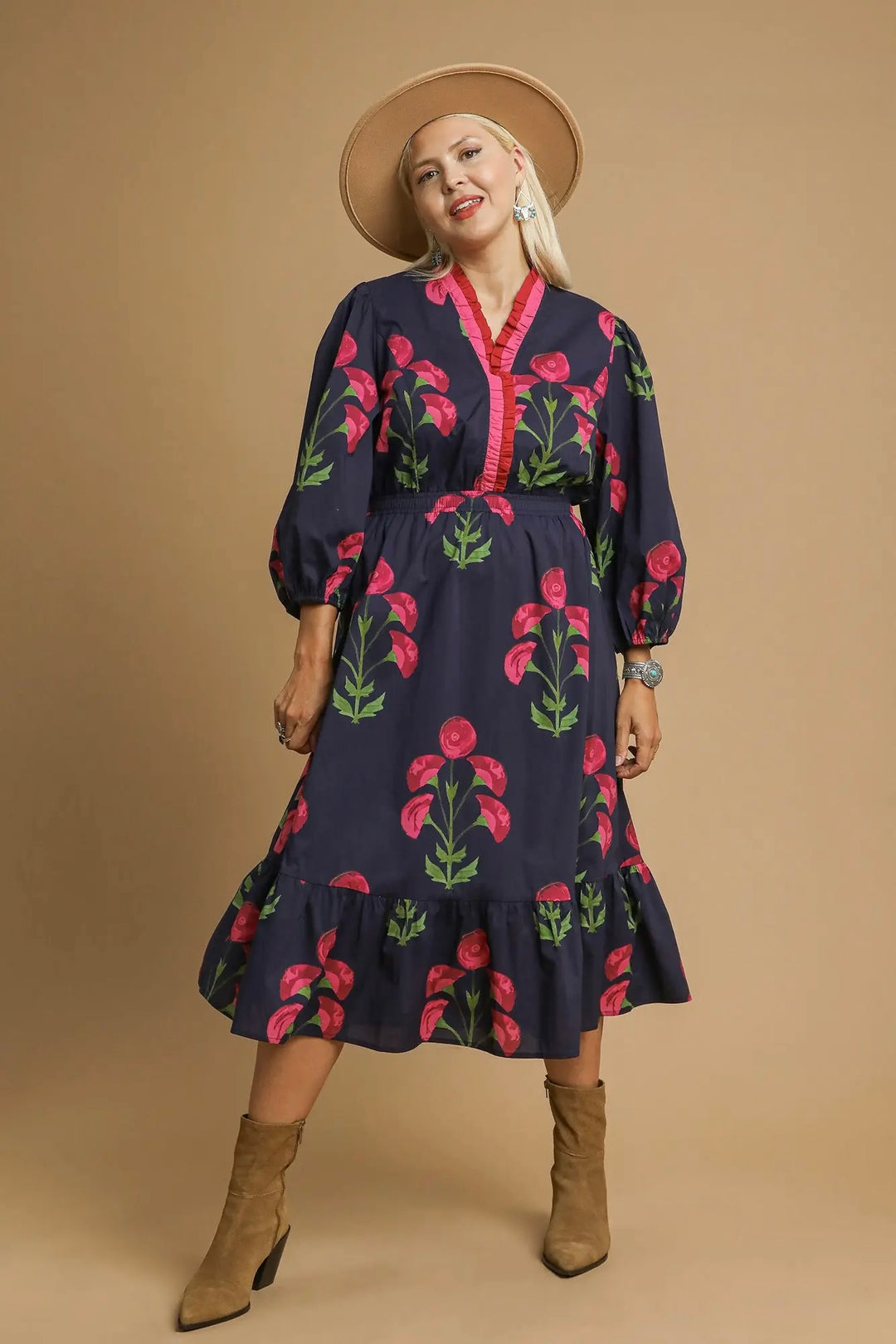 Floral Flounce Navy Midi Dress