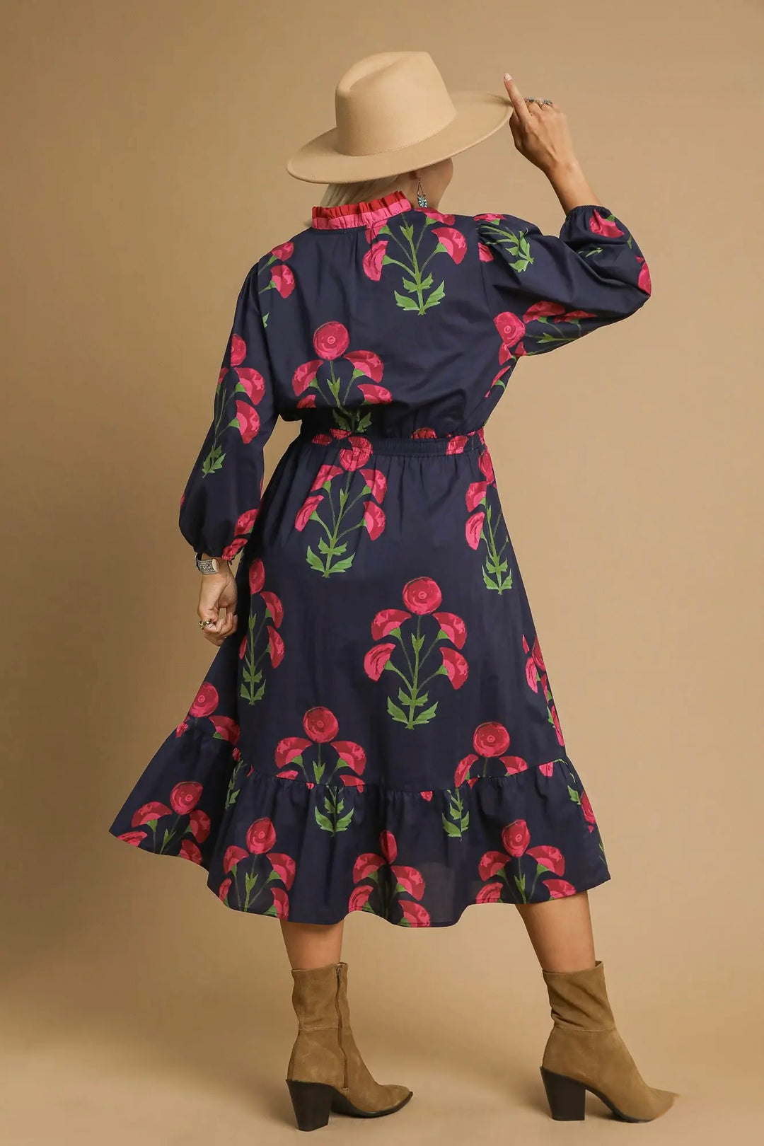 Floral Flounce Navy Midi Dress