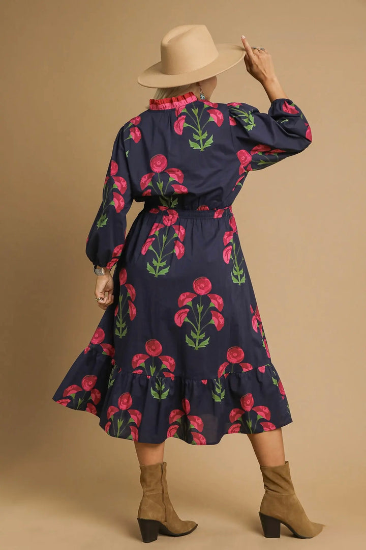 Floral Flounce Navy Midi Dress