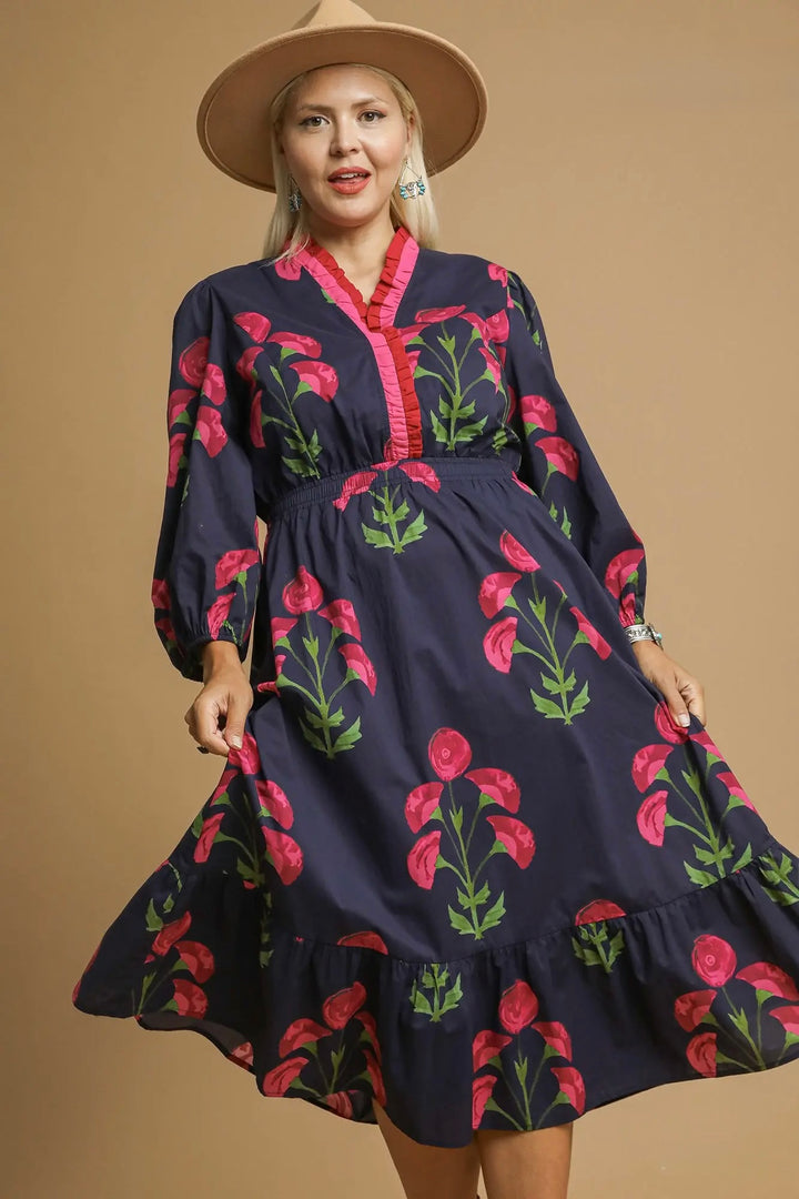 Floral Flounce Navy Midi Dress