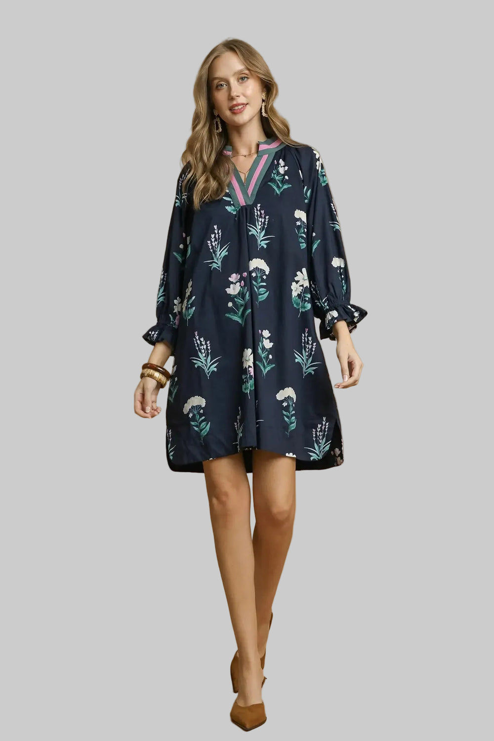 Women's Umgee navy dress with pink and sage green floral print showing full front view