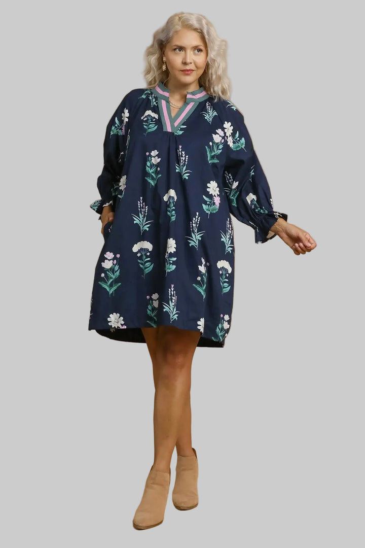 Women's Umgee navy dress with pink and sage green floral print in plus
