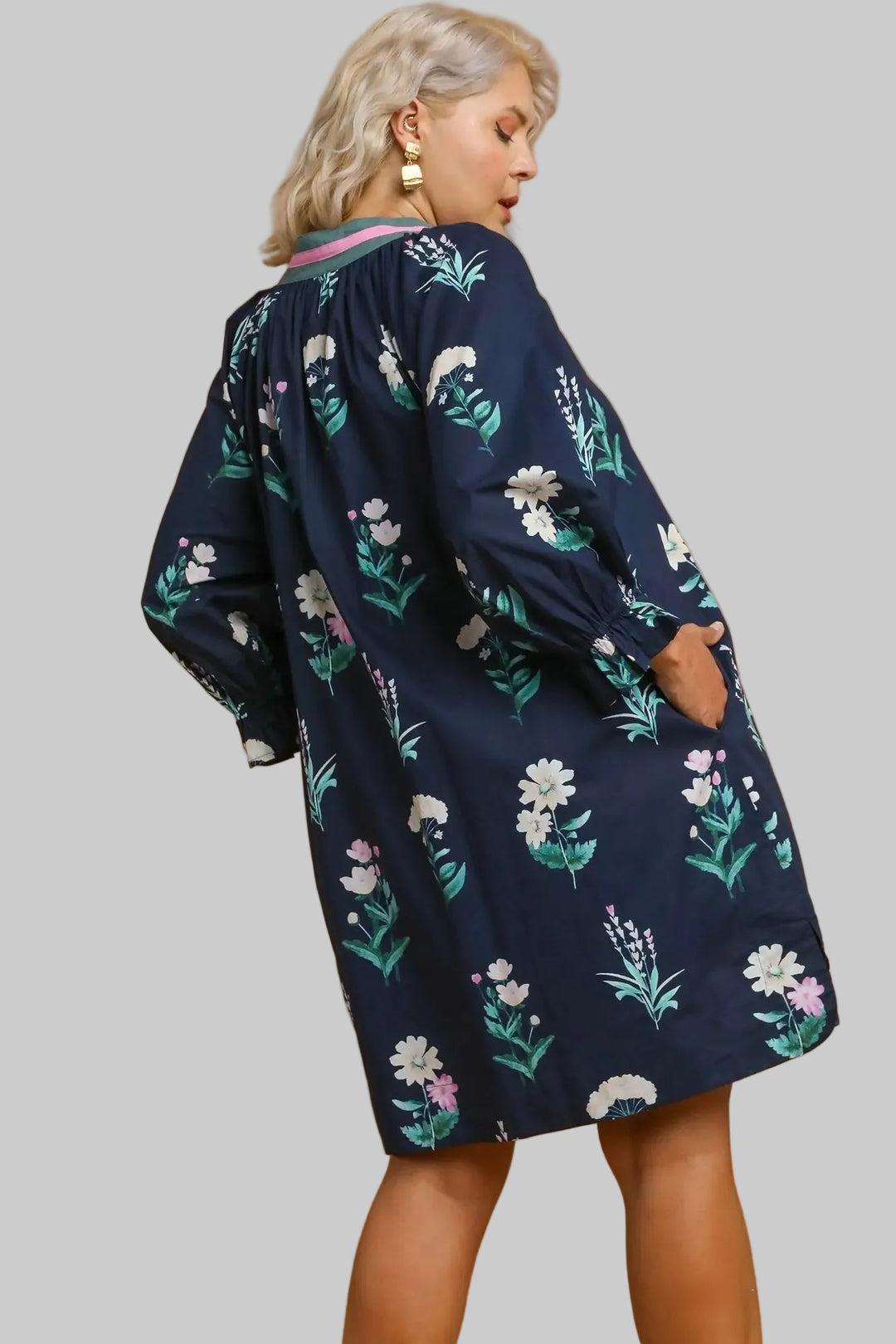 Women's Umgee navy dress with pink and sage green floral print in plus showing back view