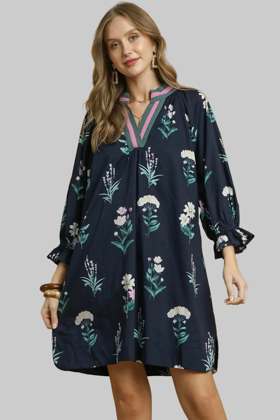 Women's Umgee navy dress with pink and sage green floral print