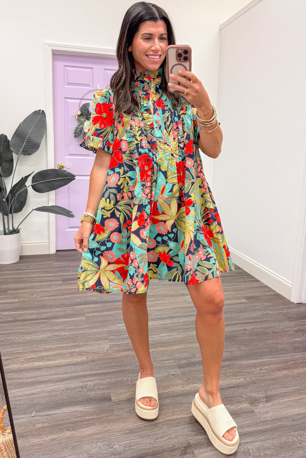 navy blue with bold floral print pintuck detail ruffle trim short dress