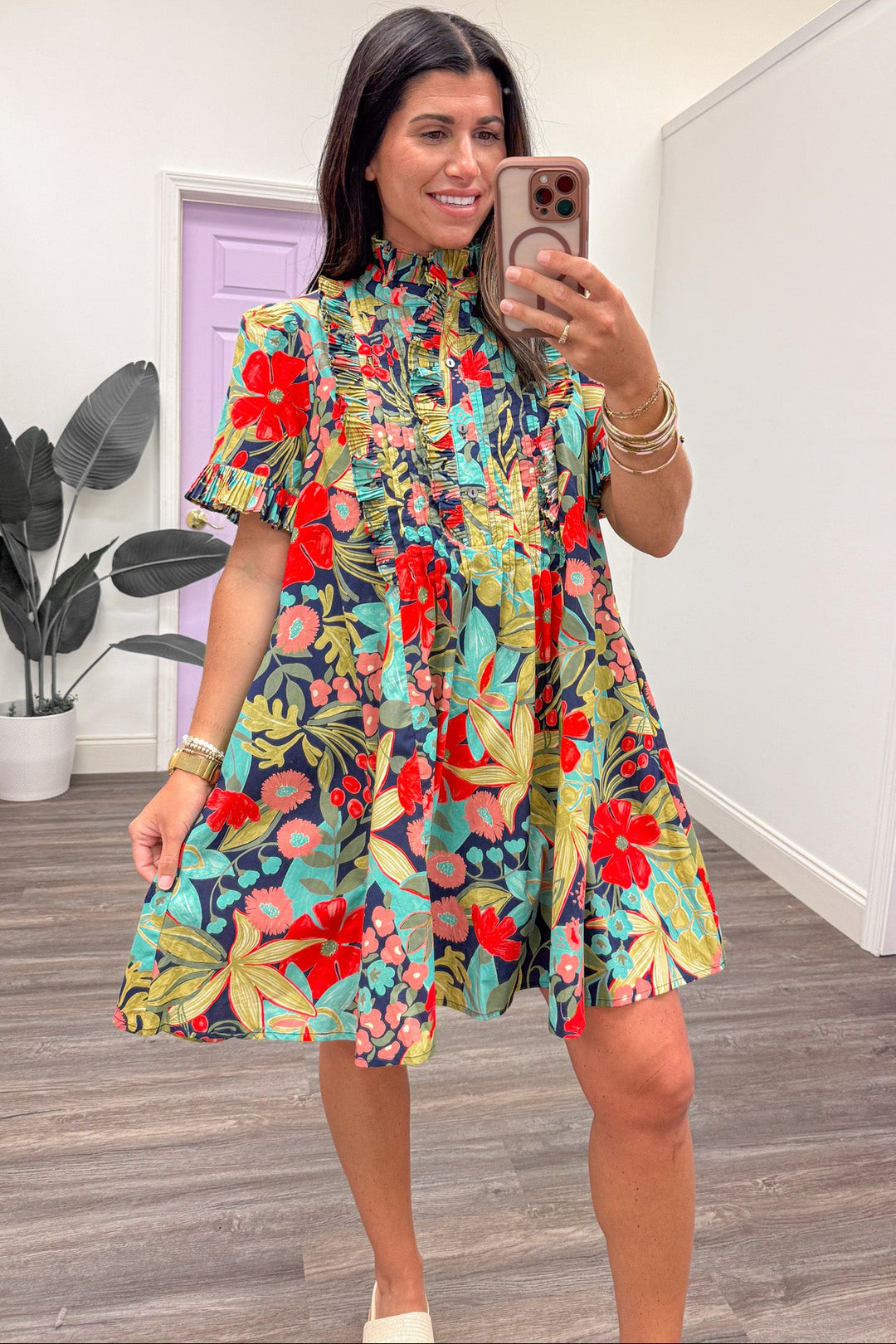 navy blue and bright floral print ruffle trim mock neck short dress