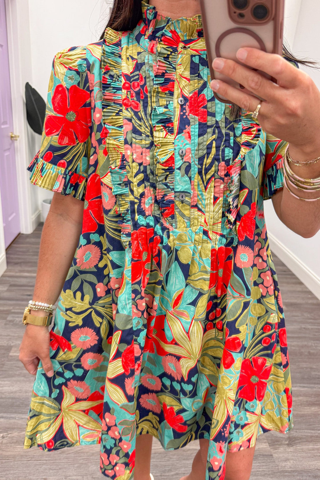 navy blue and bright floral print button front pintuck detail bodice short dress