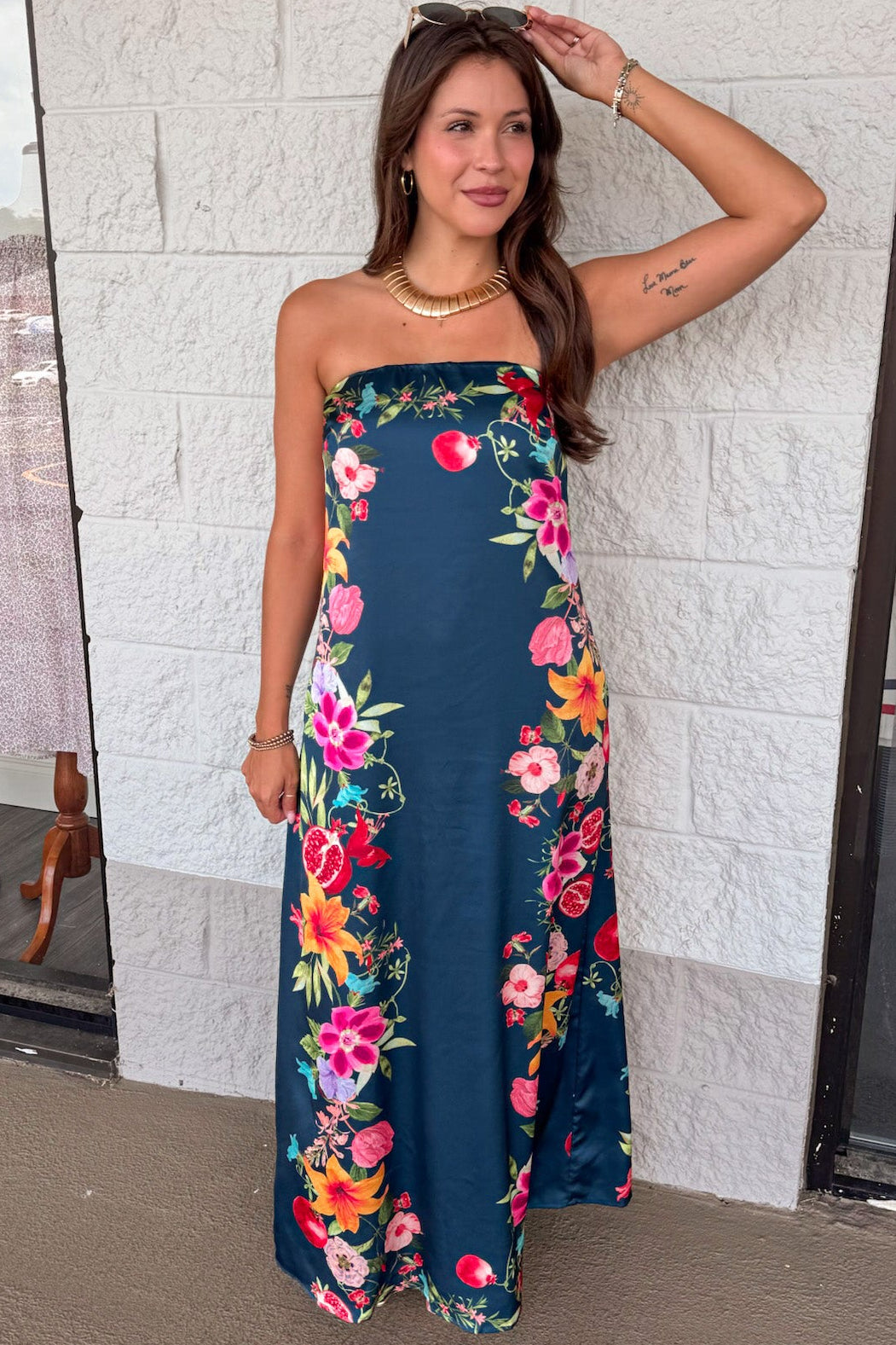 Botanical Border Navy Satin Maxi Dress