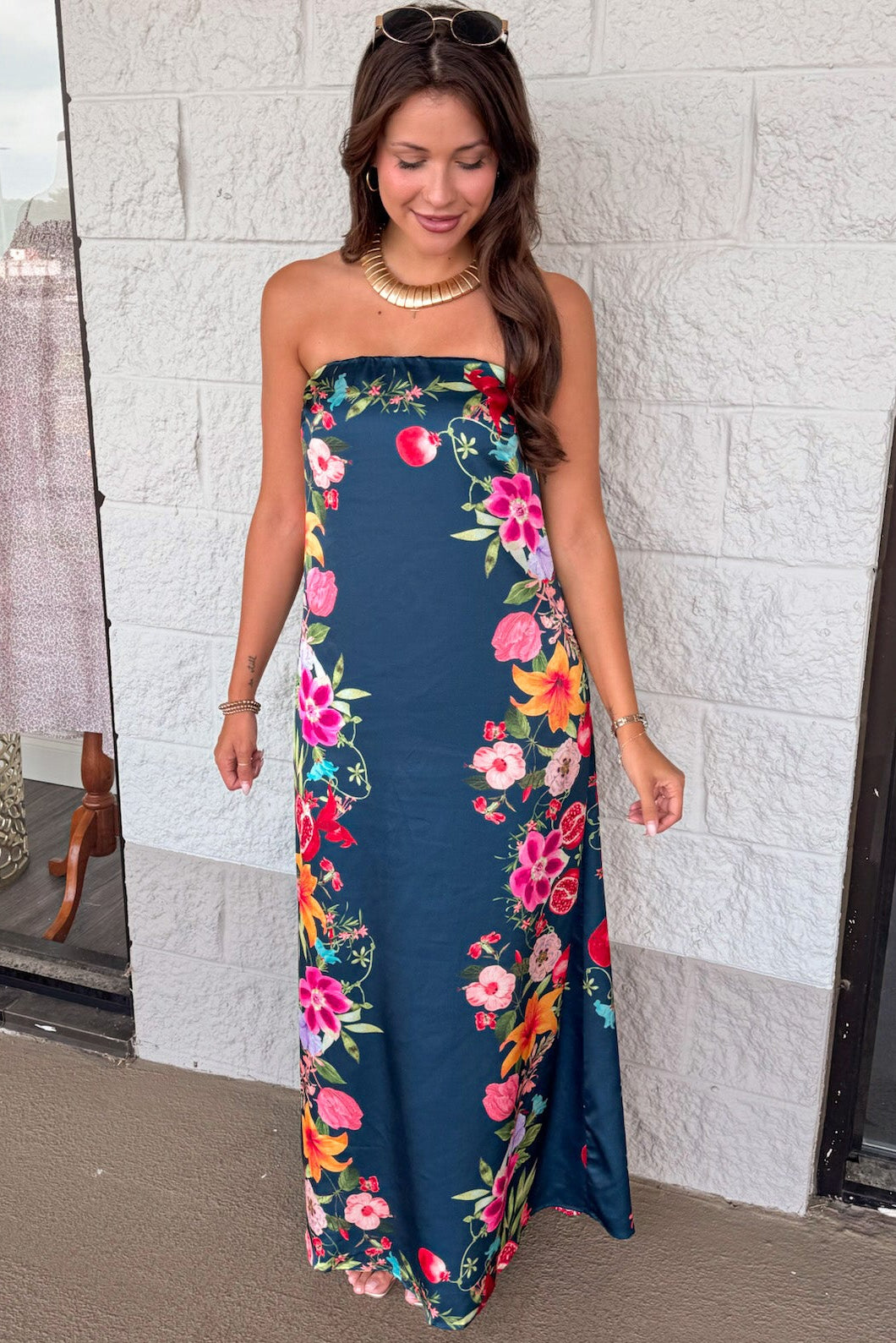 navy blue with multicolored border floral print strapless satin maxi dress