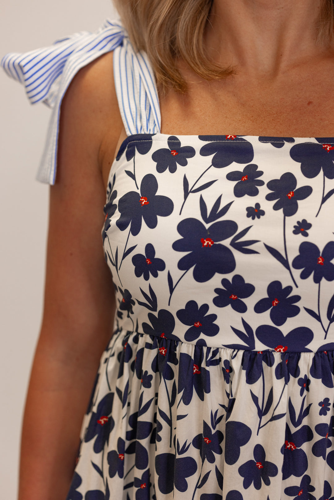 Women’s Navy blue floral print midi dress for summer vacation, close up view. 