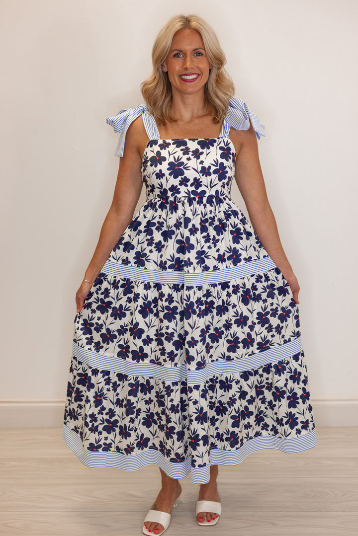 Navy blue floral print wedding quest midi dress 